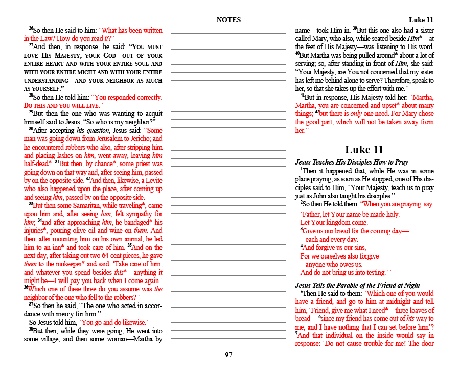 A peak inside of the Harper's Standardized Study Bible with Jesus' words in red with a column in the middle of two columns for notes